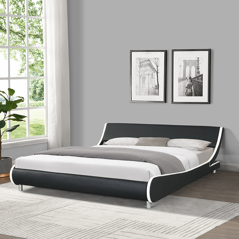 King Size Faux Leather Upholstered Platform Bed Frame, Curve Design, Wood Slat Support, No Box Spring Needed - Black+White