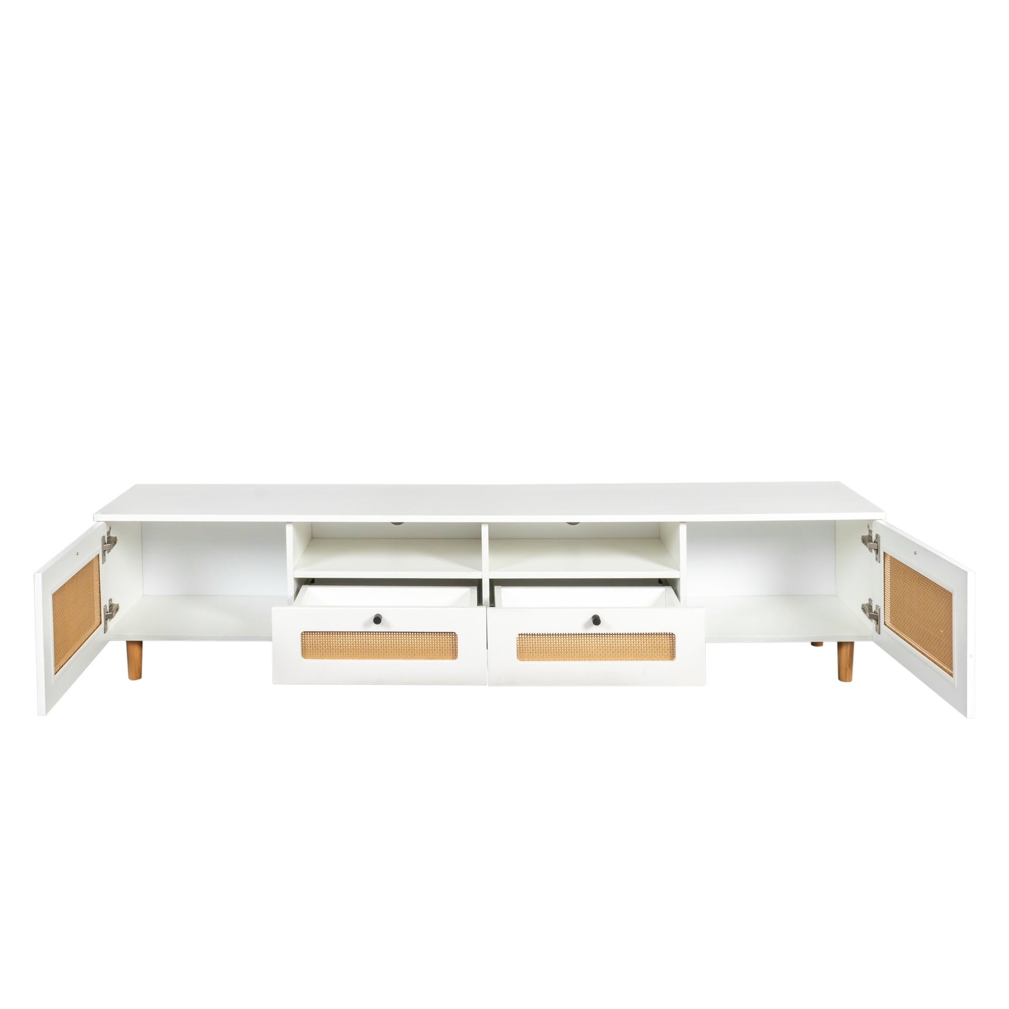 Farmhouse Rattan TV Stand Modern Wood with 2 Doors and 2 Open Shelves - White