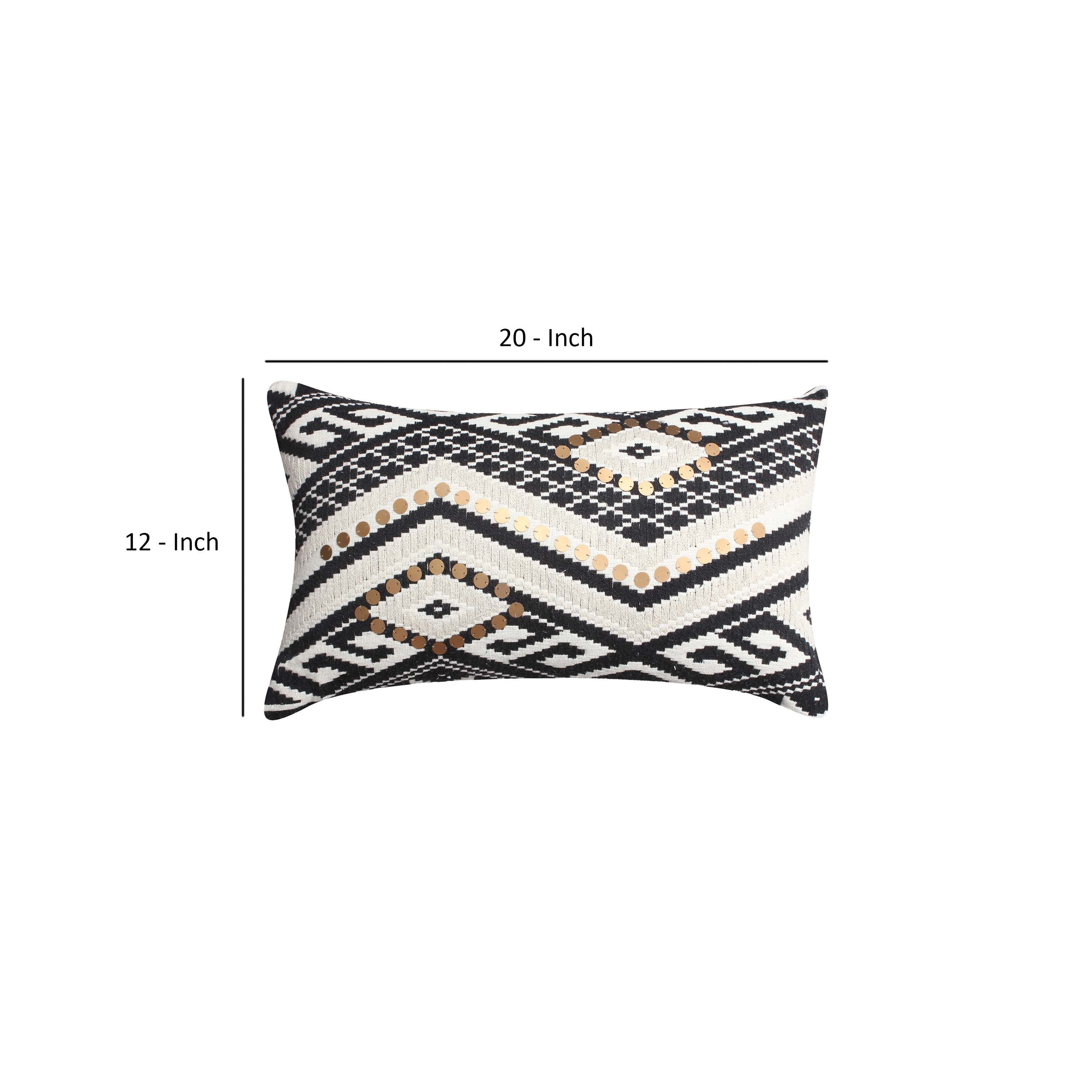 Rectangular Handwoven Jacquard Accent Lumbar Throw Pillow, Sequins, Geometric Design - White, Black
