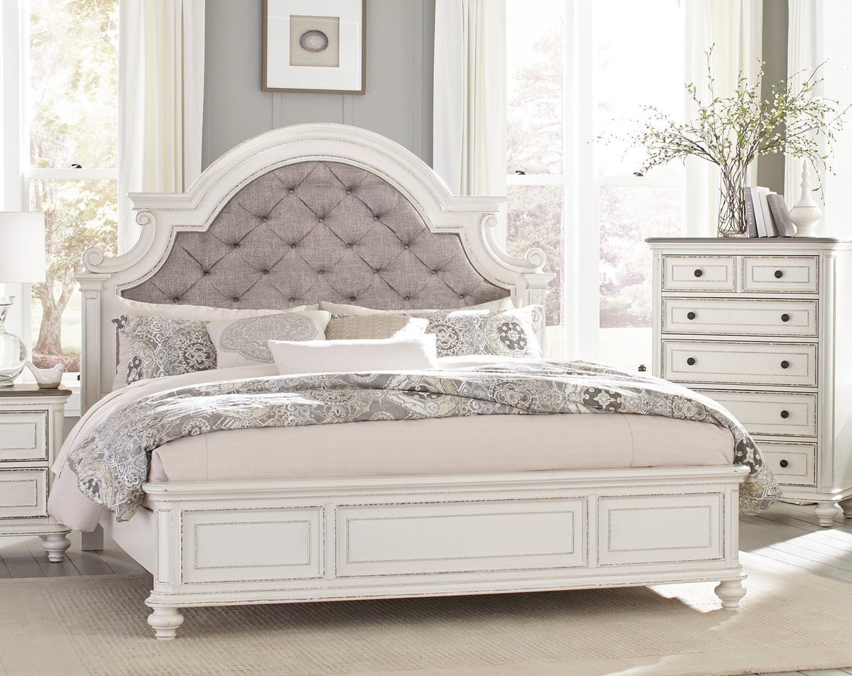 King Size Bed Button-Tufted Upholstered Headboard - Antique White Finish