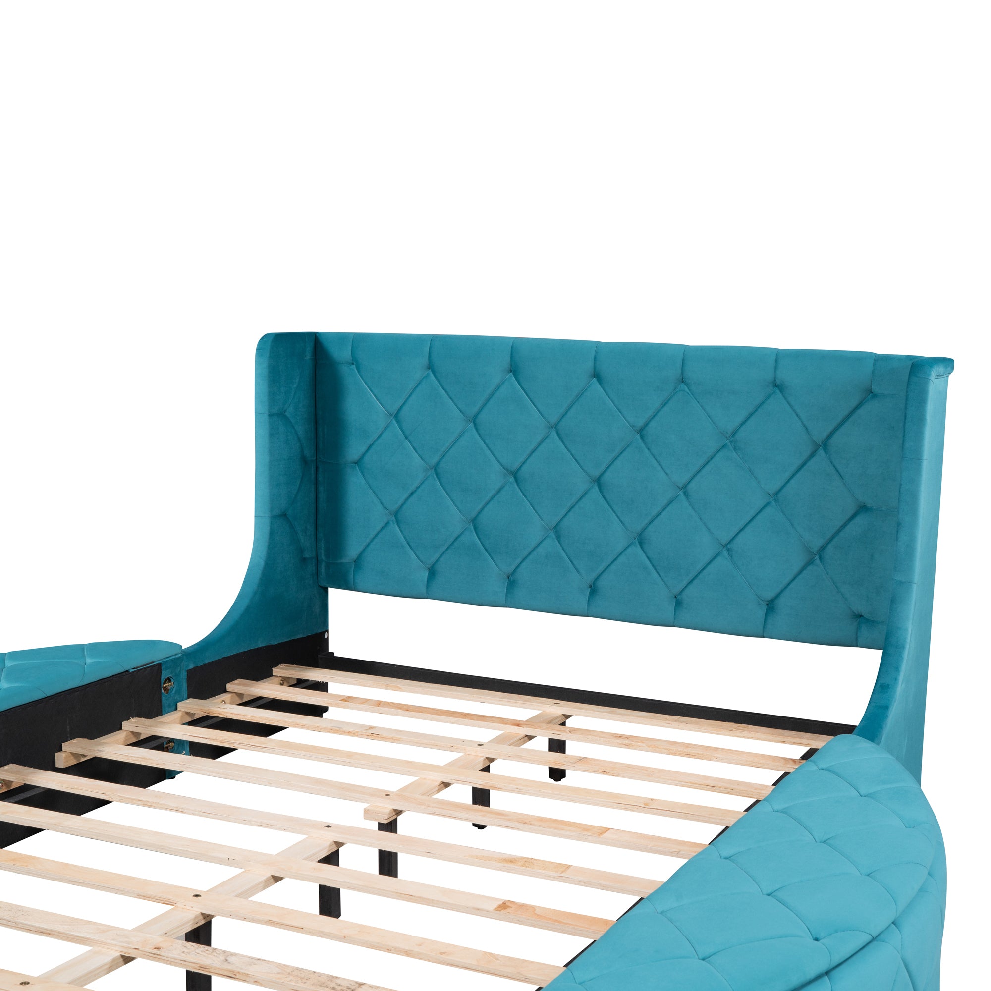 Queen Size Bed Storage with Wingback Headboard and 1 Big Drawer 2 Side Storage Stool - Velvet Blue