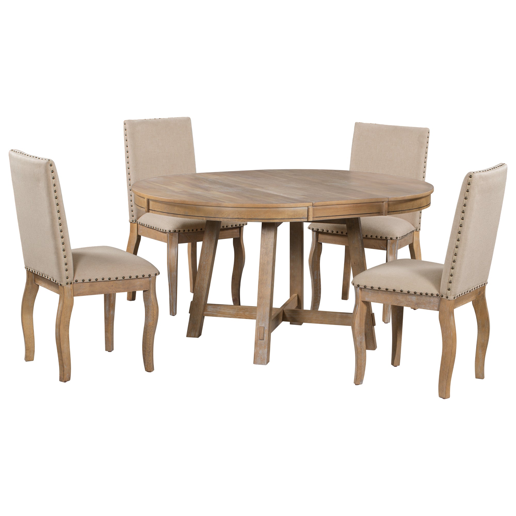 5-Piece Farmhouse Dining Table Set Wood Round Extendable Table and 4 Upholstered Chairs - Natural Wood Wash