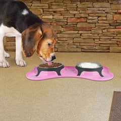 Bone Shaped Plastic Pet Double Diner with Stainless Steel Bowls - Pink and Silver