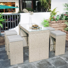 MAICOSY 5 Piece Rattan Outdoor Patio Stool Set, Patio Cushioned Seats with Table