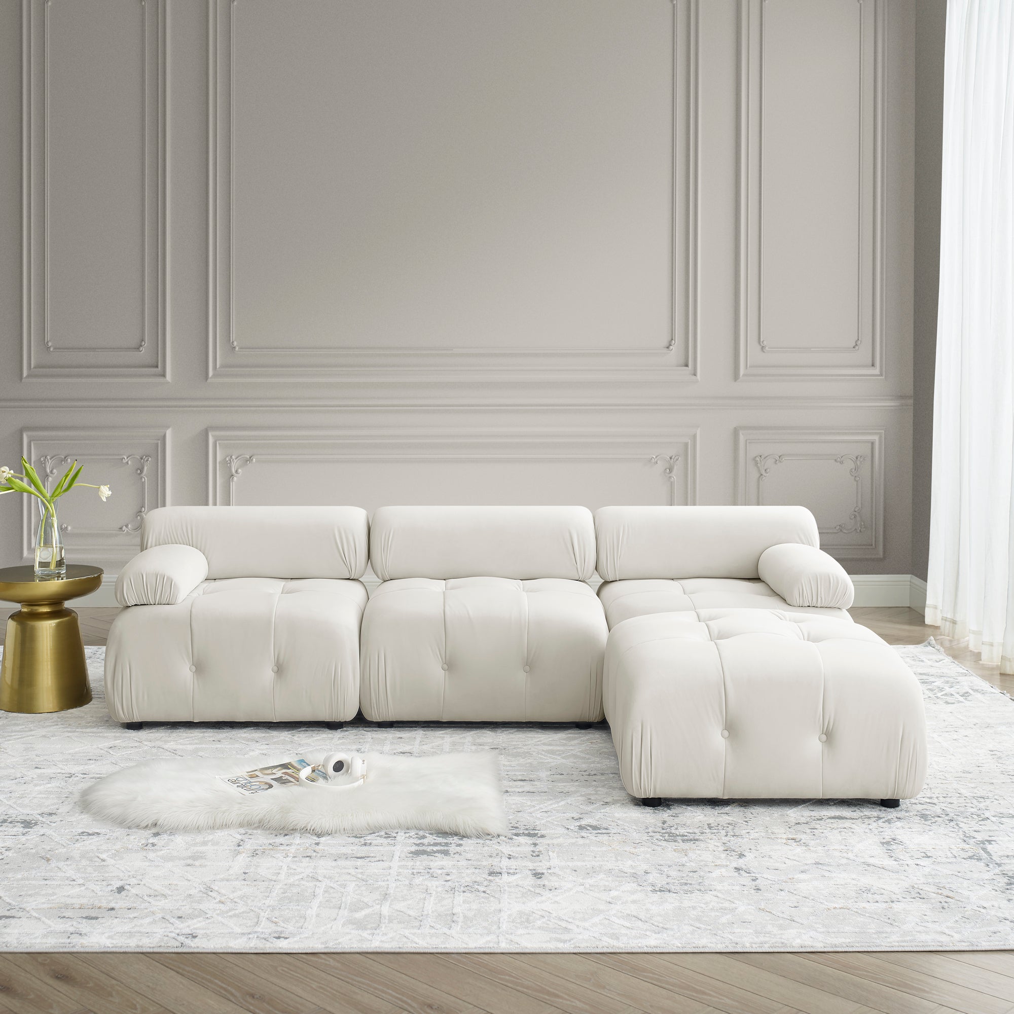Modular Sectional Sofa, Button Tufted Designed and DIY Combination,L Shaped Couch with Reversible Ottoman - Beige Velvet