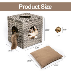 Rattan Cat Litter Cat Bed with Rattan Ball and Cushion - Grey