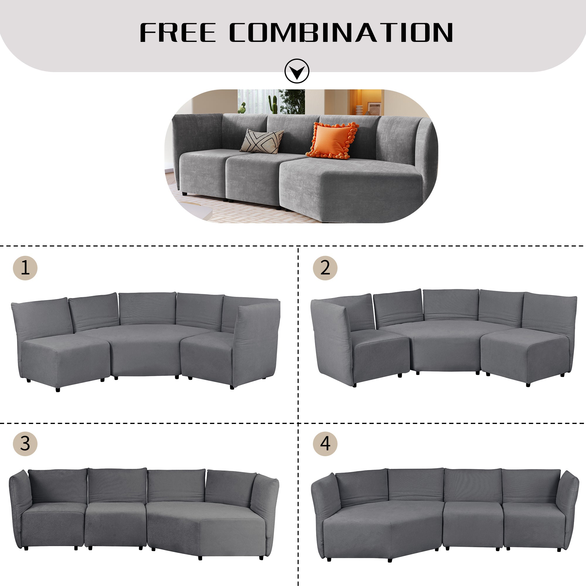 Stylish Sofa Set with Polyester Upholstery with Adjustable Back with Free Combination for Living Room - Gray