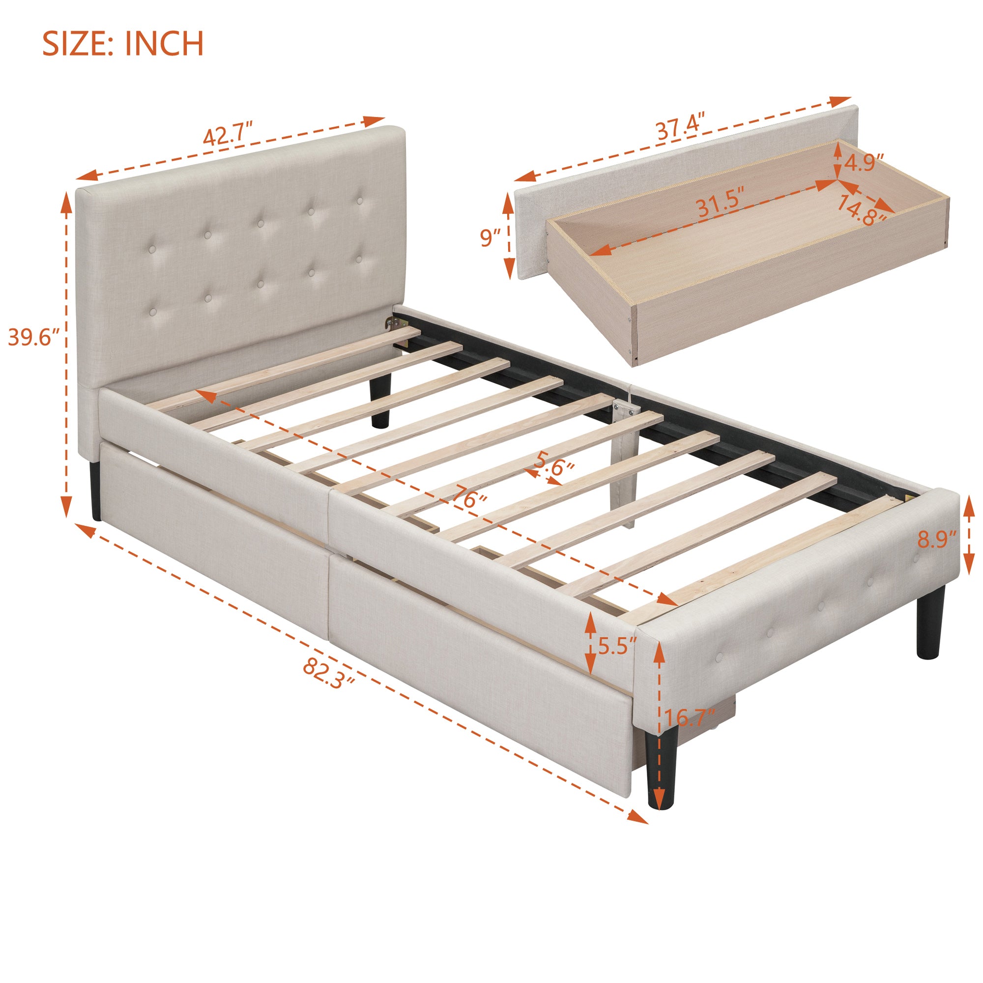 Twin Size Upholstered Platform Bed with 2 Drawers - Beige
