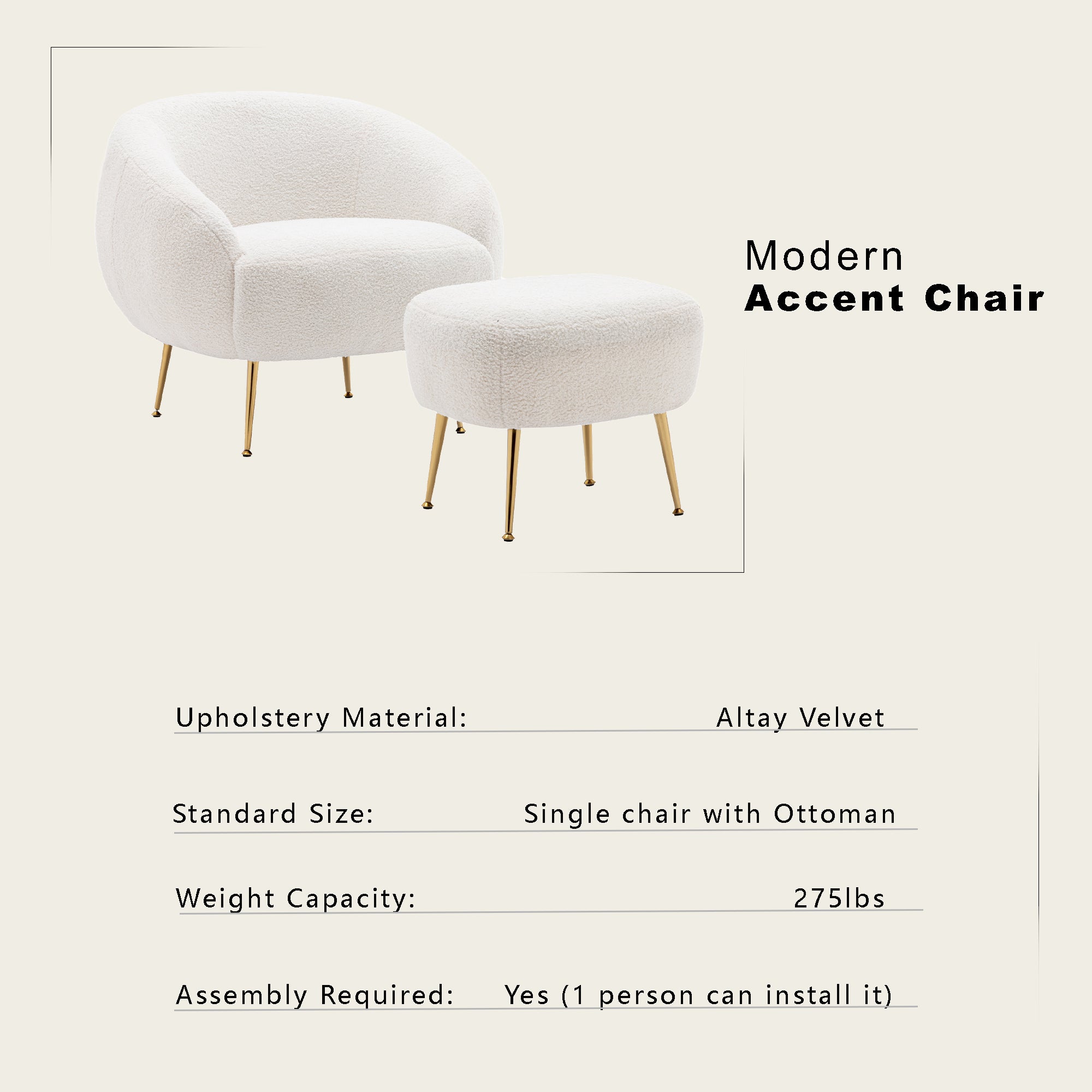 Modern Teddy Short Plush Comfy Armchair with Ottoman - White