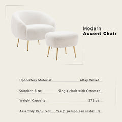 Modern Teddy Short Plush Comfy Armchair with Ottoman - White