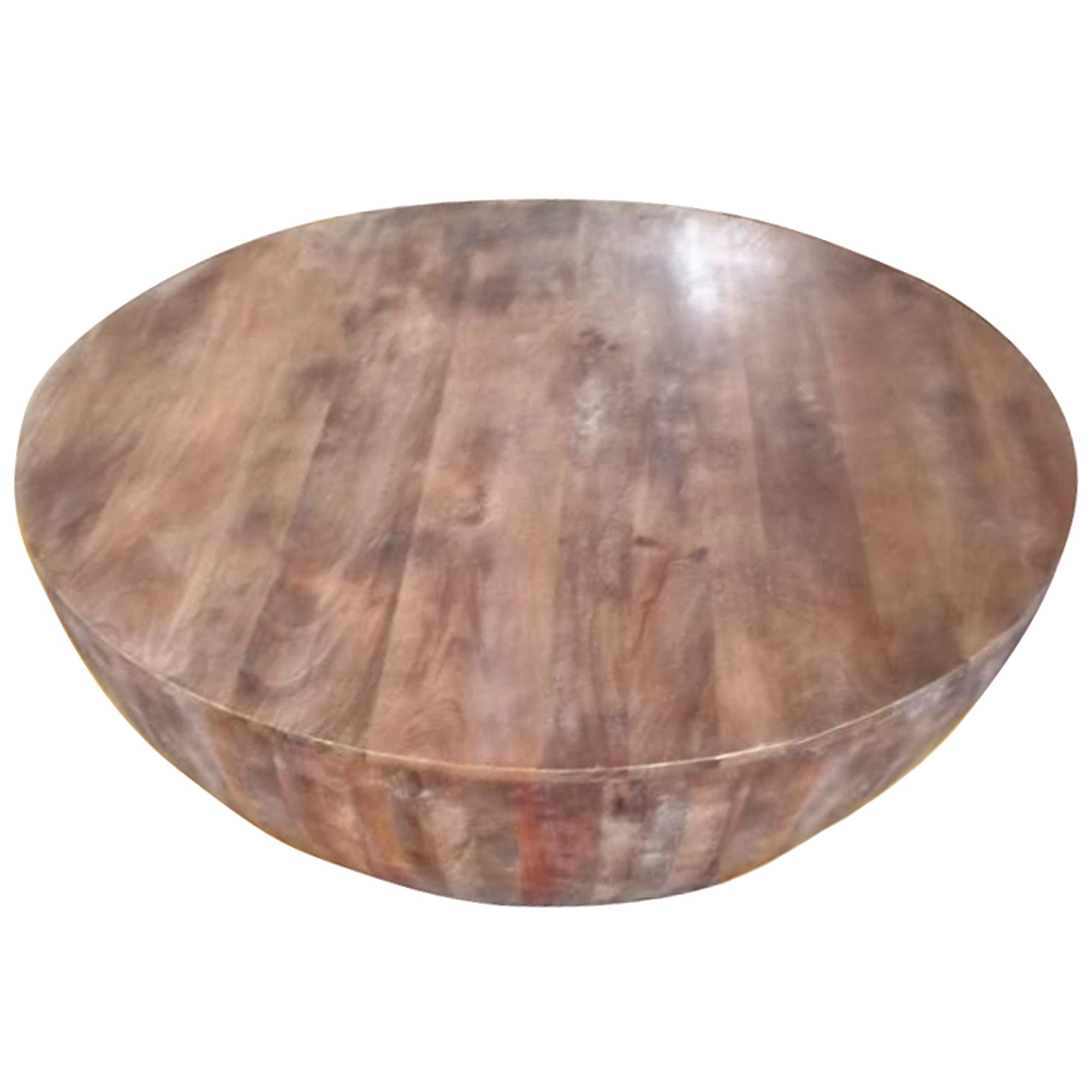 Handcarved Drum Shape Round Top Mango Wood Distressed Wooden Coffee Table - Brown