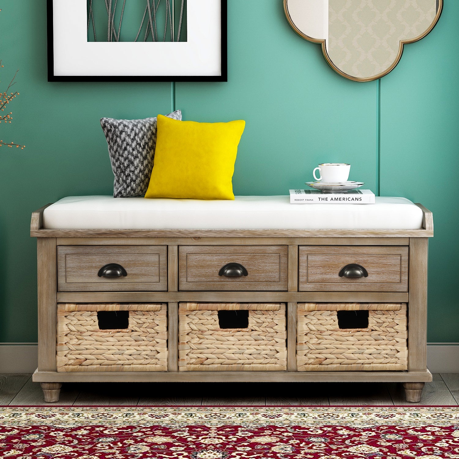 Rustic Storage Bench with 3 Drawers and 3 Rattan Baskets- White Washed