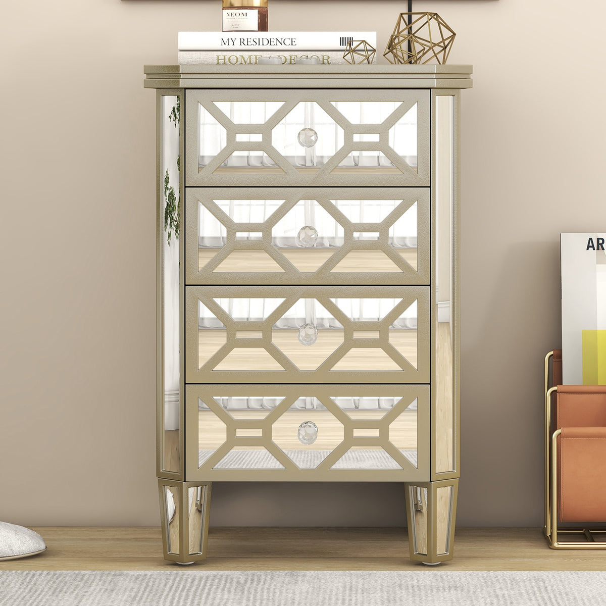 Elegant Mirrored 4-Drawer Chest with Golden Lines Storage Cabinet