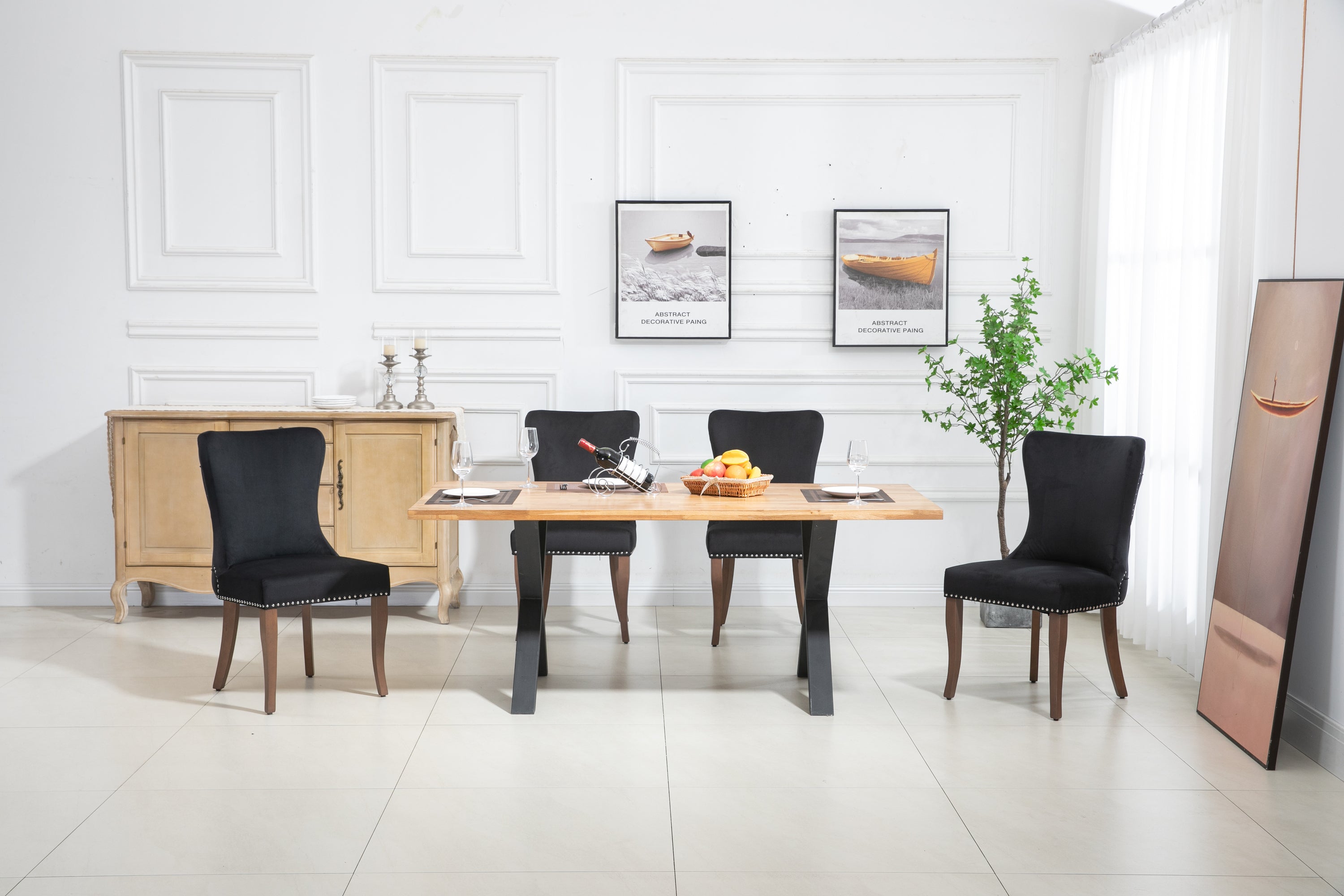 Velvet Upholstered Dining Chairs with Designed Back and Nailhead trim and Solid Wood Legs (Set of 2) - Black