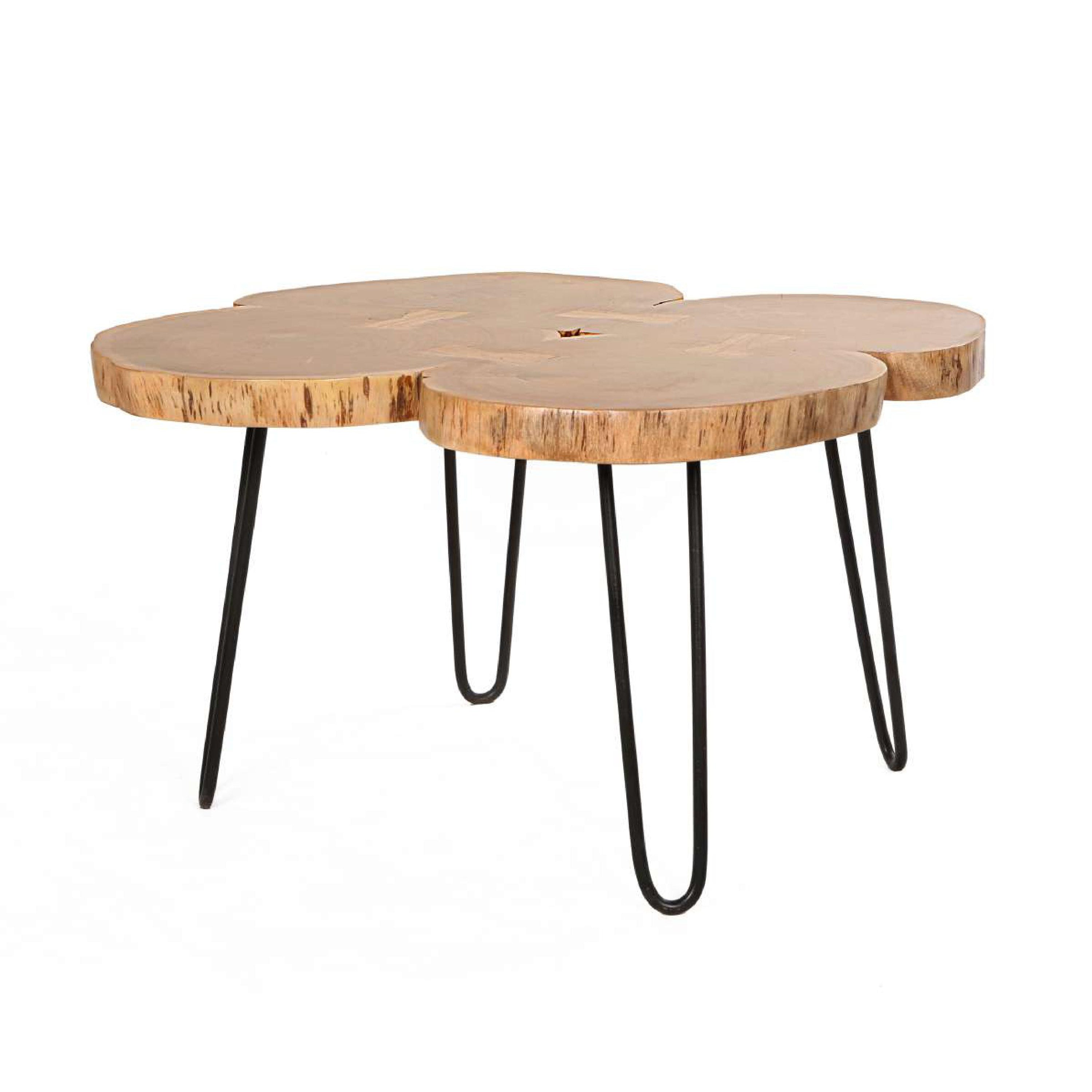 29 Inch Acacia Wood Coffee Table, Live Edge, Quatrefoil Top, Iron Hairpin Legs - Brown and Black