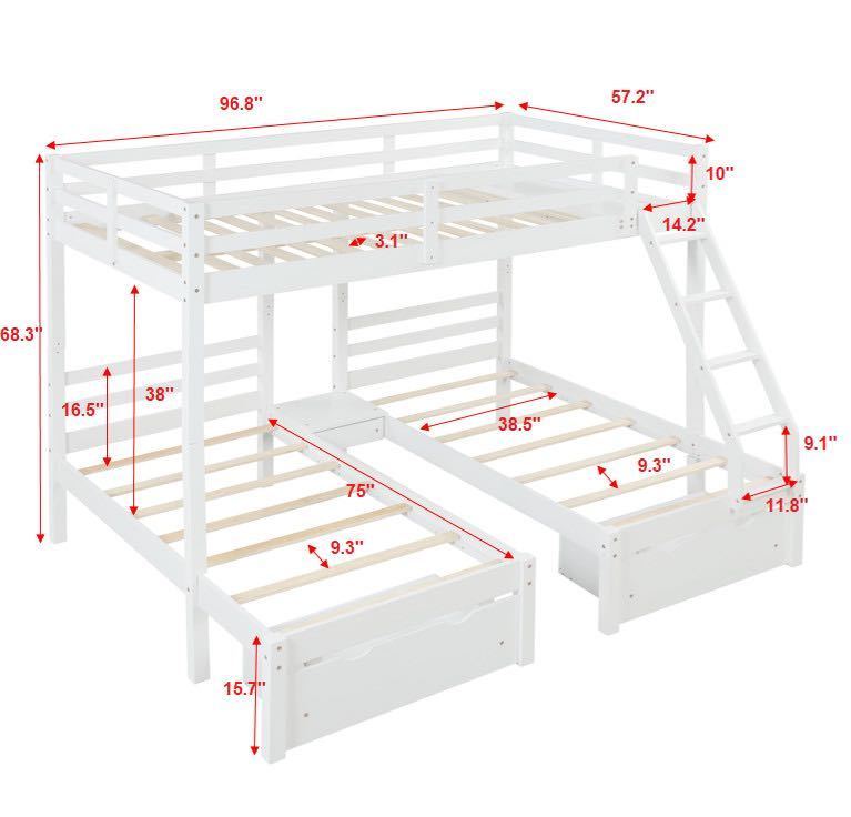Full over Twin & Twin Bunk Bed with 3 Storage Drawers (96.8”x79”x68.3”) - White