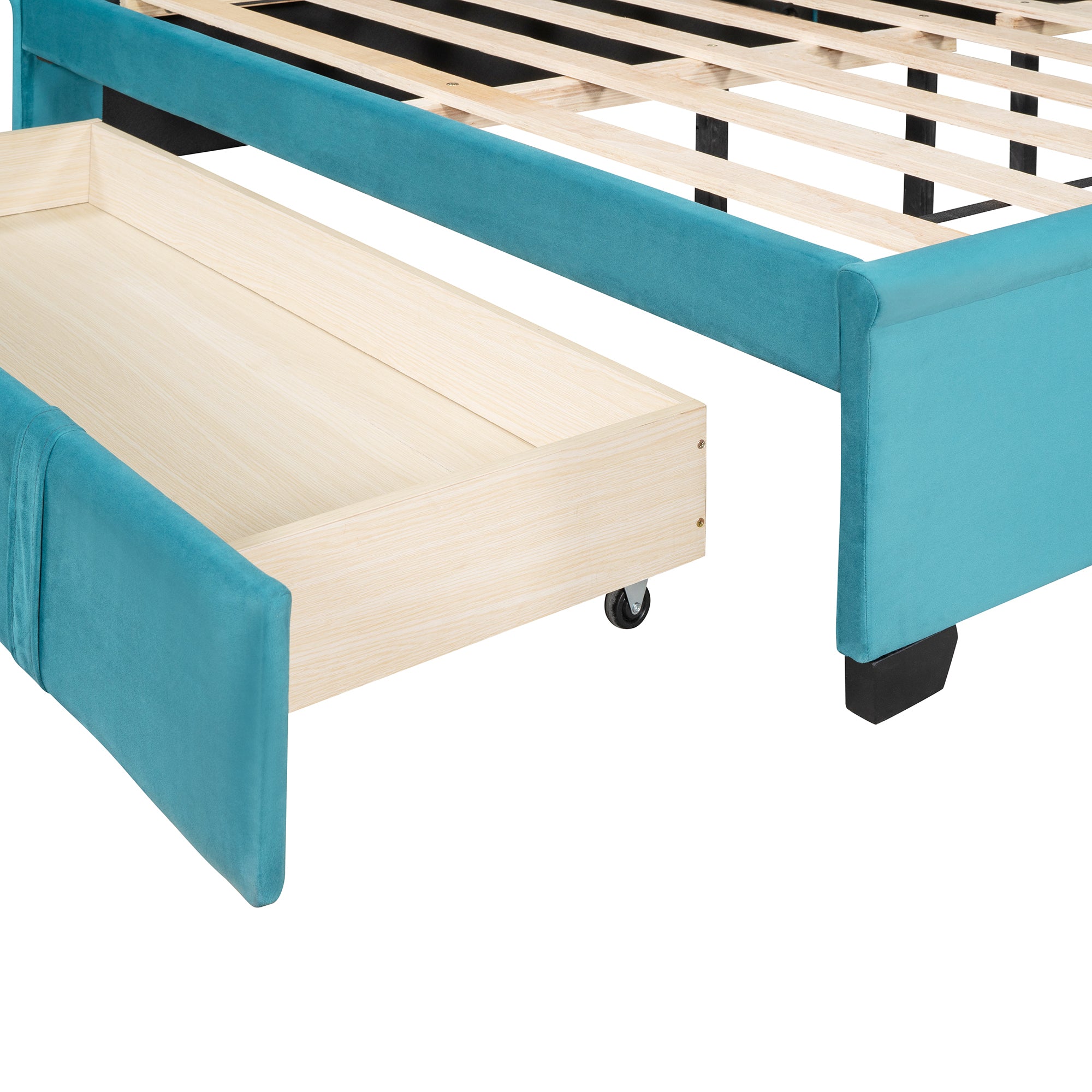 Queen Size Storage Bed Velvet Upholstered Platform Bed with Wingback Headboard and a Big Drawer - Blue