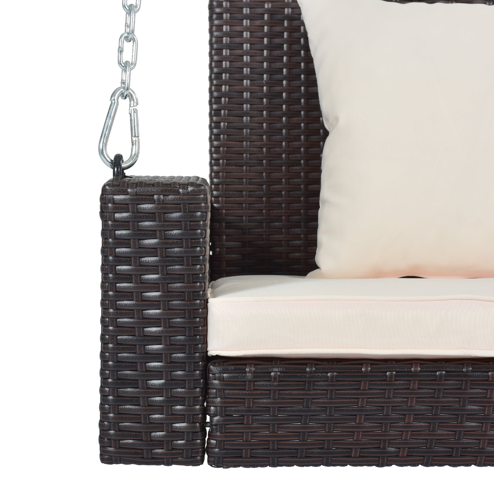 2-Person Wicker Hanging Porch Swing with Chains, Cushion, Pillow, Rattan Swing Bench for Garden, Backyard, Pond (Brown Wicker, Beige Cushion)