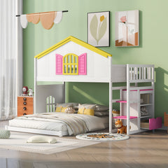 Twin over Full House Bunk Bed with Pink Staircase & Drawer - White