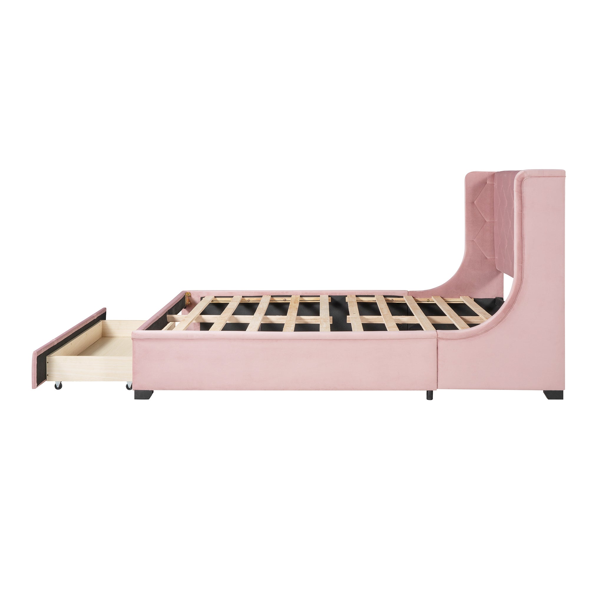 Queen Size Storage Bed Velvet Upholstered Platform Bed with Wingback Headboard and a Big Drawer - Pink