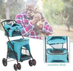 Portable Folding Dog Stroller Travel Cage Stroller for Pet Cat Kitten Puppy Carriages - Large 4 Wheels Elite Jogger - Blue