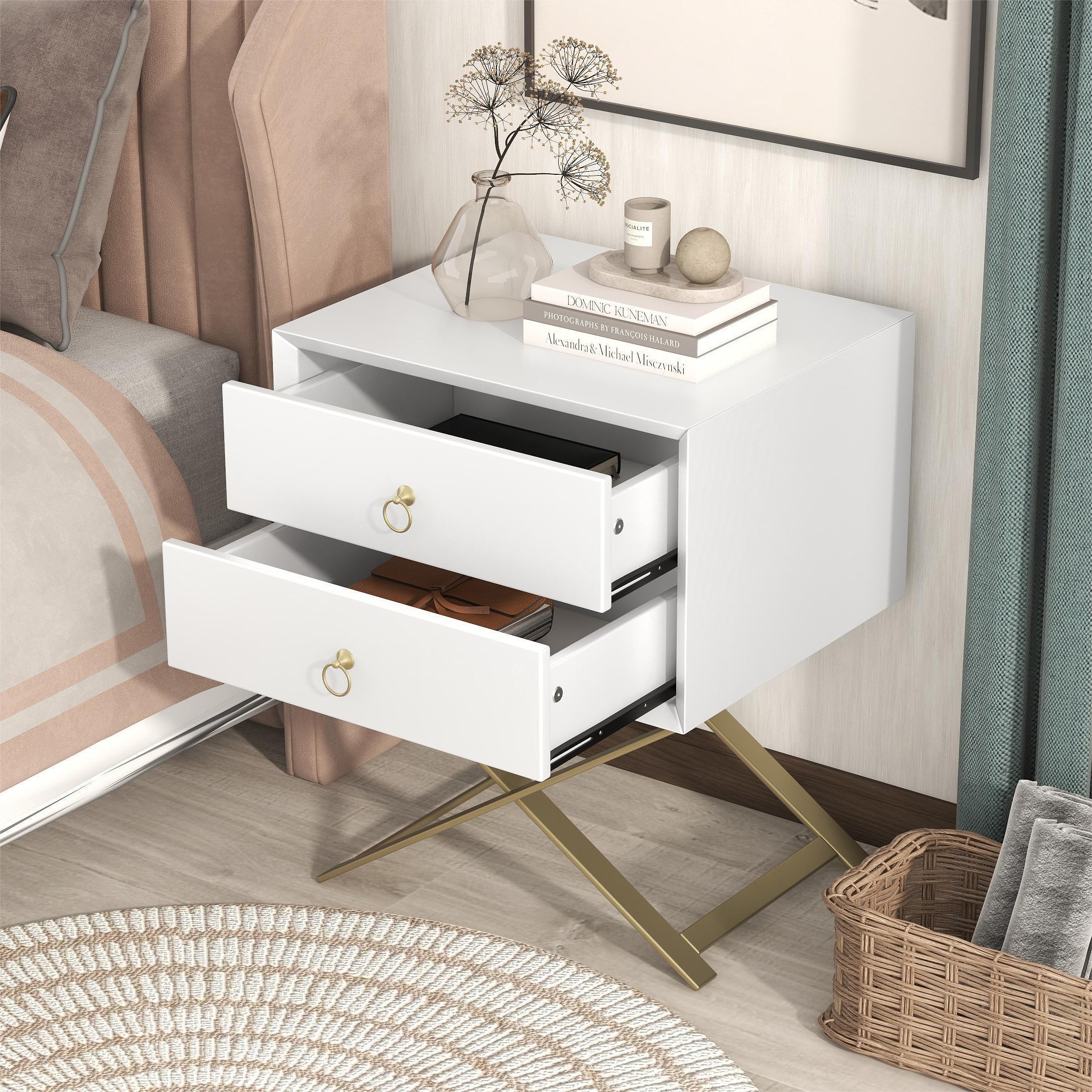 Nightstand with 2 Drawers & Golden Handle，Storage Bedside Table - White