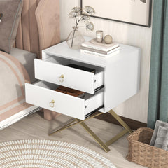 Nightstand with 2 Drawers & Golden Handle，Storage Bedside Table - White