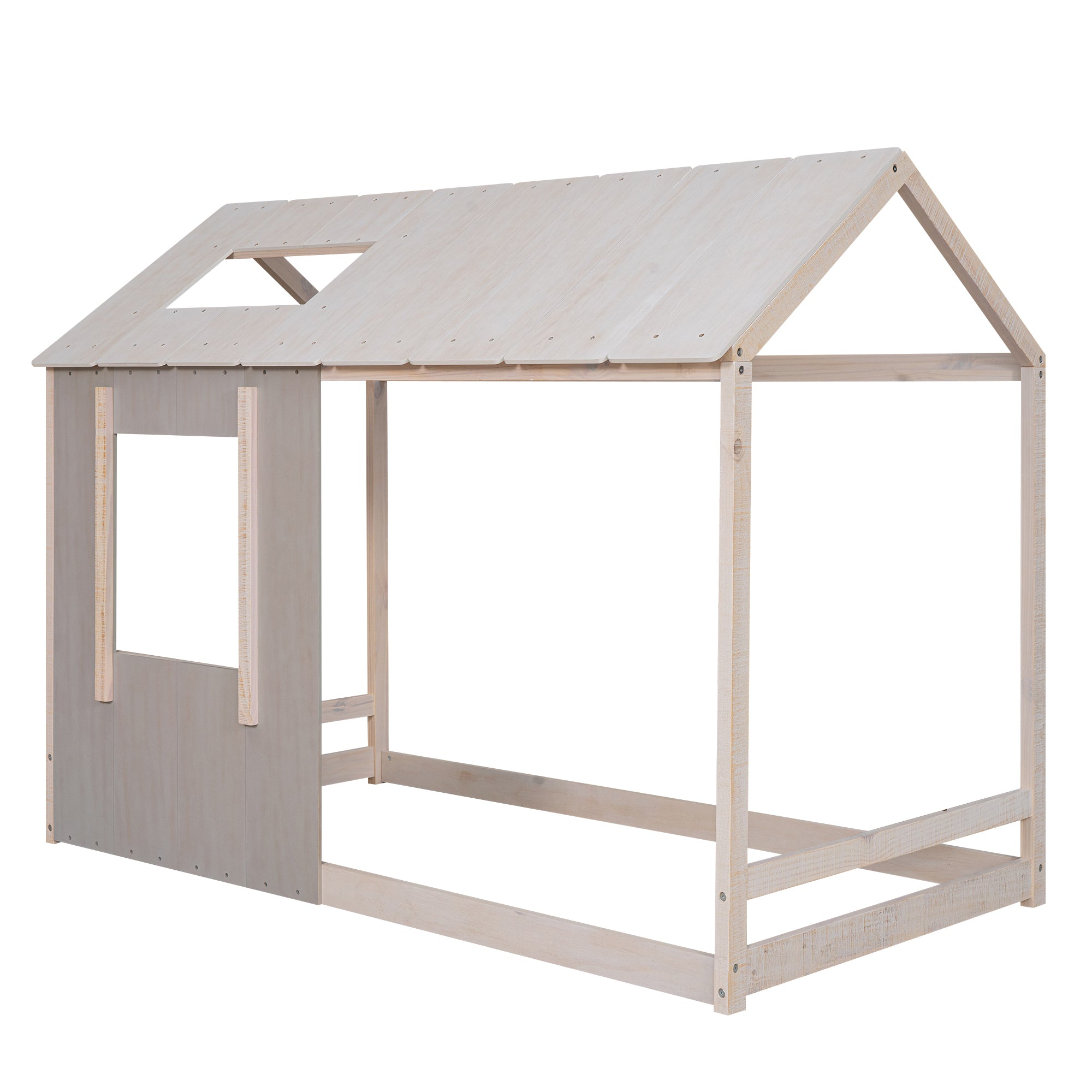 Twin Size House Platform with Roof and Window  - Antique Grey+Antique White
