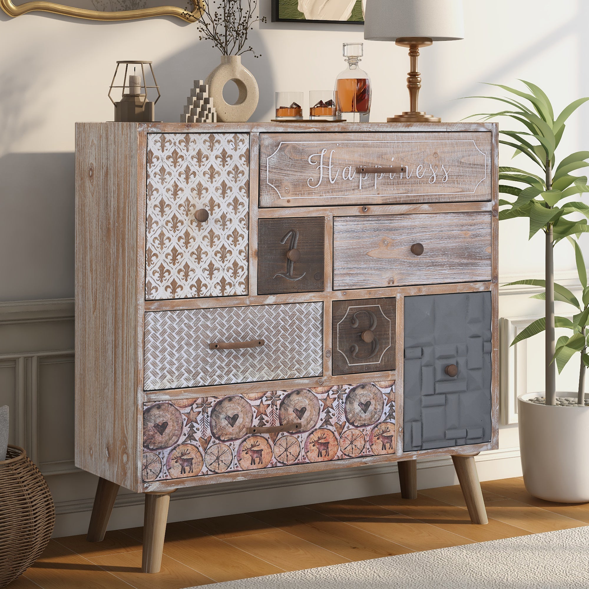 Accent Storage Cabinet with 8 Drawers, Modern Decorative Cabinet with Wood Frame and Colorful Pattern