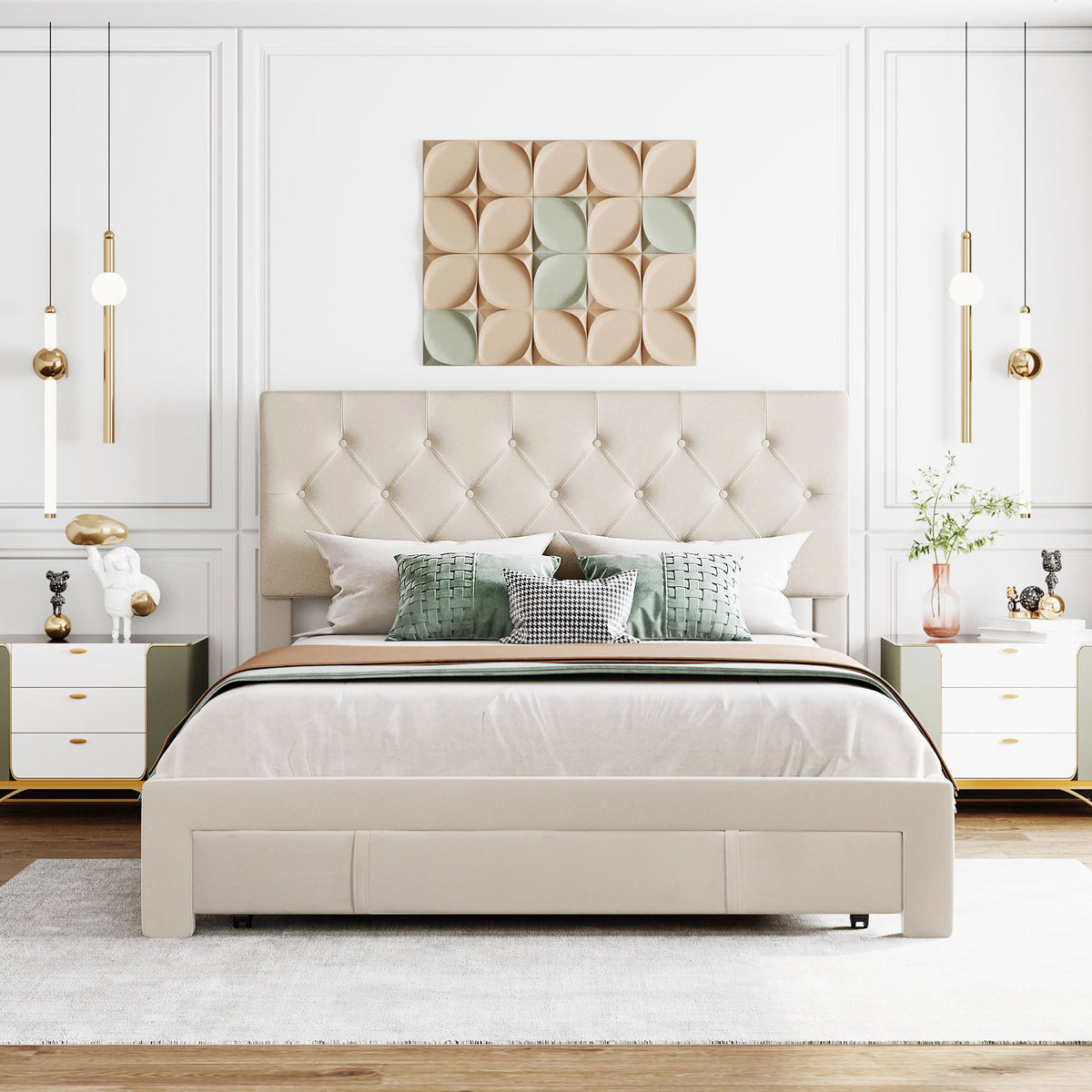 Queen Size Storage Bed Velvet Upholstered Platformwith a Big Drawer - Beige