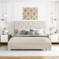 Queen Size Storage Bed Velvet Upholstered Platformwith a Big Drawer - Beige