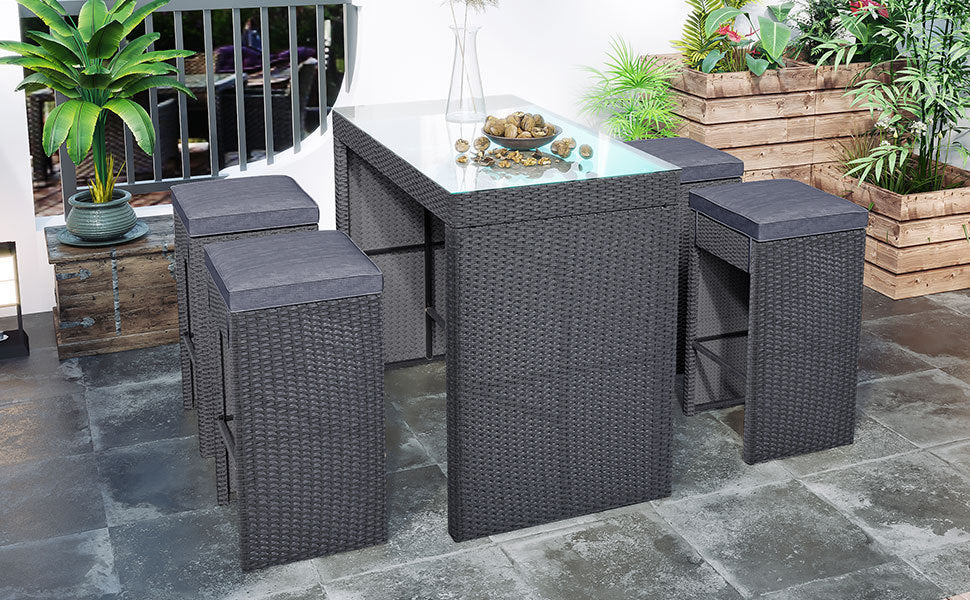 5-piece Rattan Outdoor Patio Furniture Set Bar Dining Table Set with 4 Stools - Gray Cushion + Gray Wicker