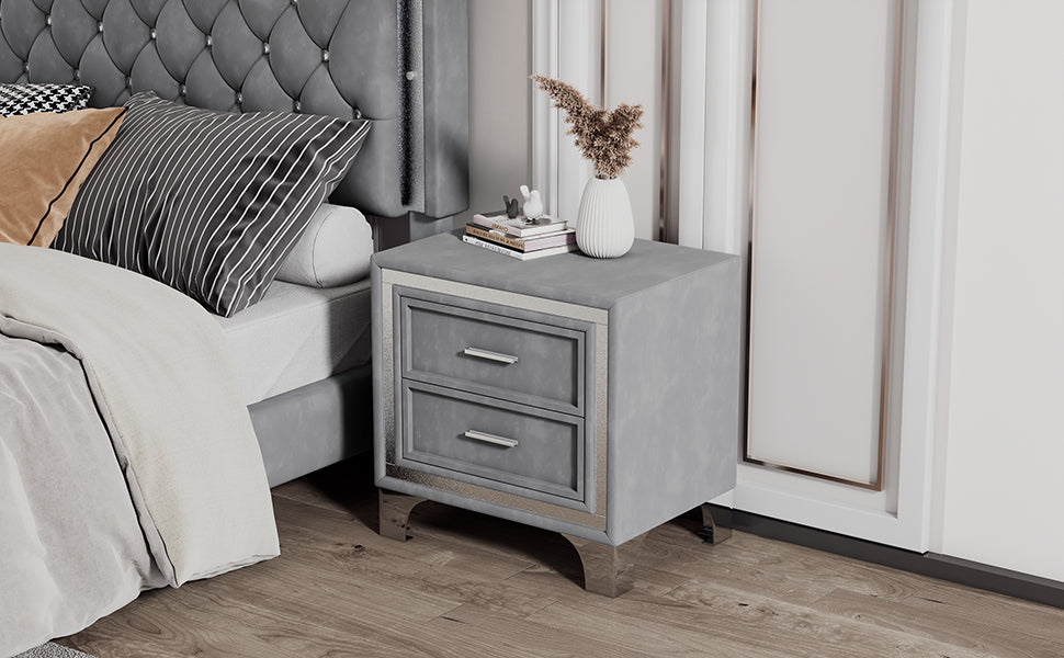 2-Drawer Nightstand with Metal Legs for Bedroom Velvet Bedside Table-Gray