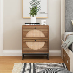 Natural rattan 2 Drawer Side table, Nightstand Side - Walnut